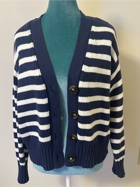 Navy and White Striped Button-Front Women’s Cardigan